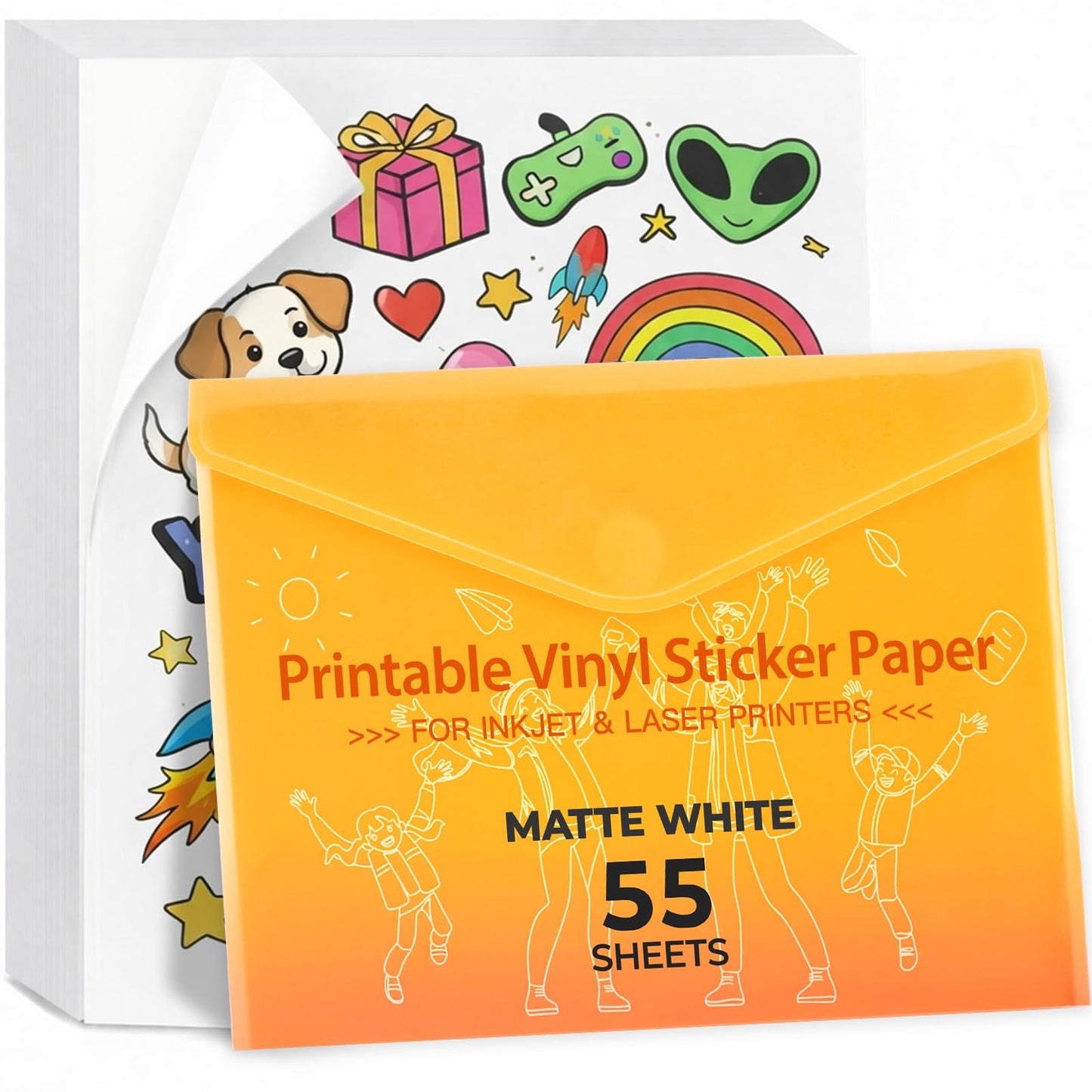 Printable Vinyl for Inkjet Printer - 55 Pack Matte White Printable Vinyl Sticker Paper Dries Quickly Vivid Colors, Holds Ink Well, Tear Resistant, Inkjet & Laser Printer by JANDJPACKAGING