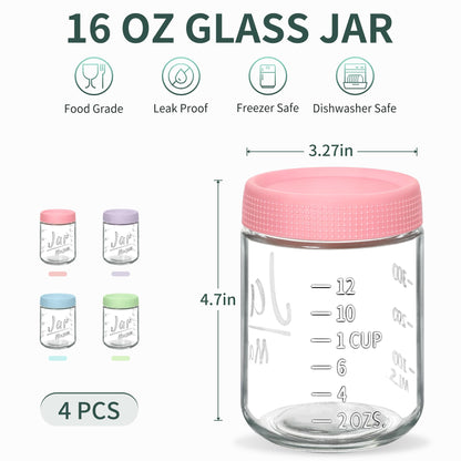 Xyptorix 4-Pack 16oz Overnight Oats Containers with Airtight Lids - Glass Mason Jars with Measurement Marks for Yogurt, Meal Prep & Chia Pudding, Stackable & Leakproof