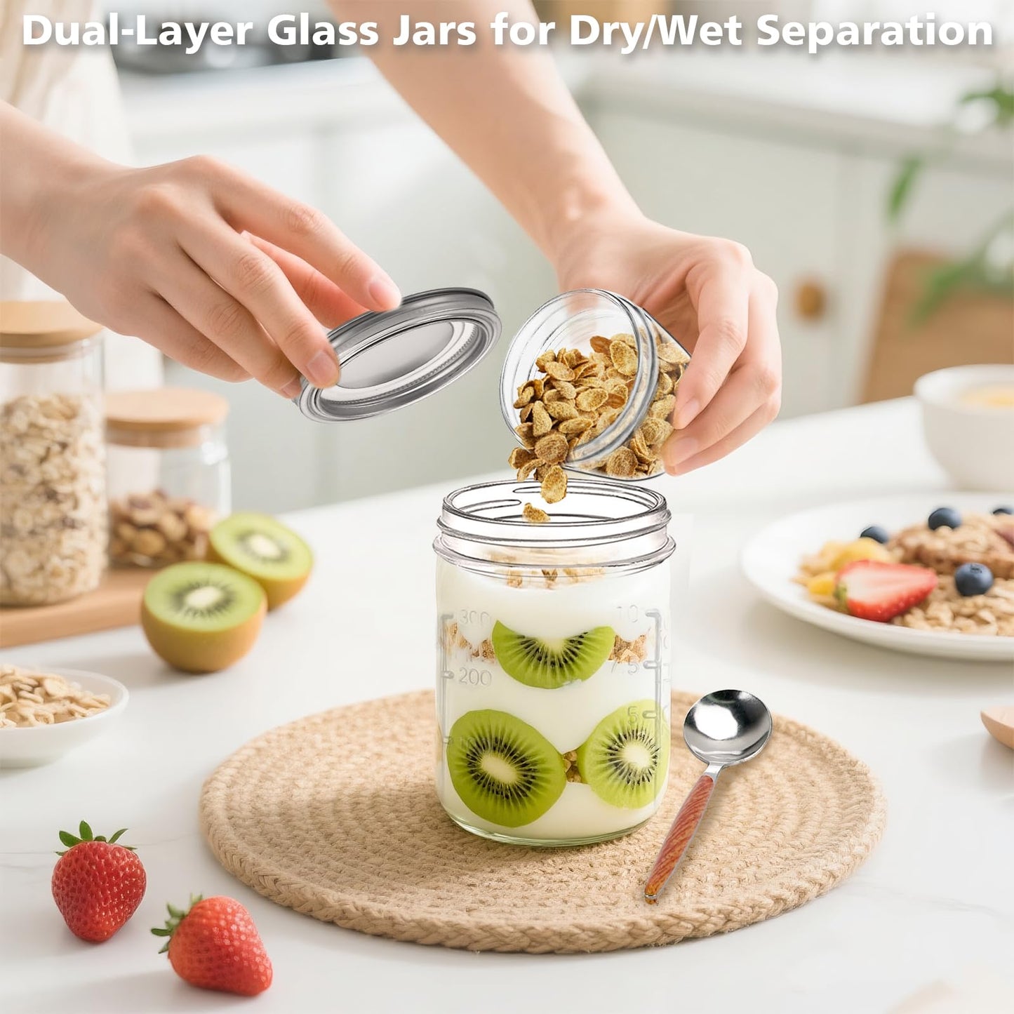 shopwithgreen Overnight Oats Jars with Lids（16oz+4oz 4 Pcs）Dual-Laryer Chia Pudding Jar with Dry and Wet Separation, Yogurt Parfait Contianer for Oatmeal Cereal Nut Fruit, Glass Meal Prep Jars