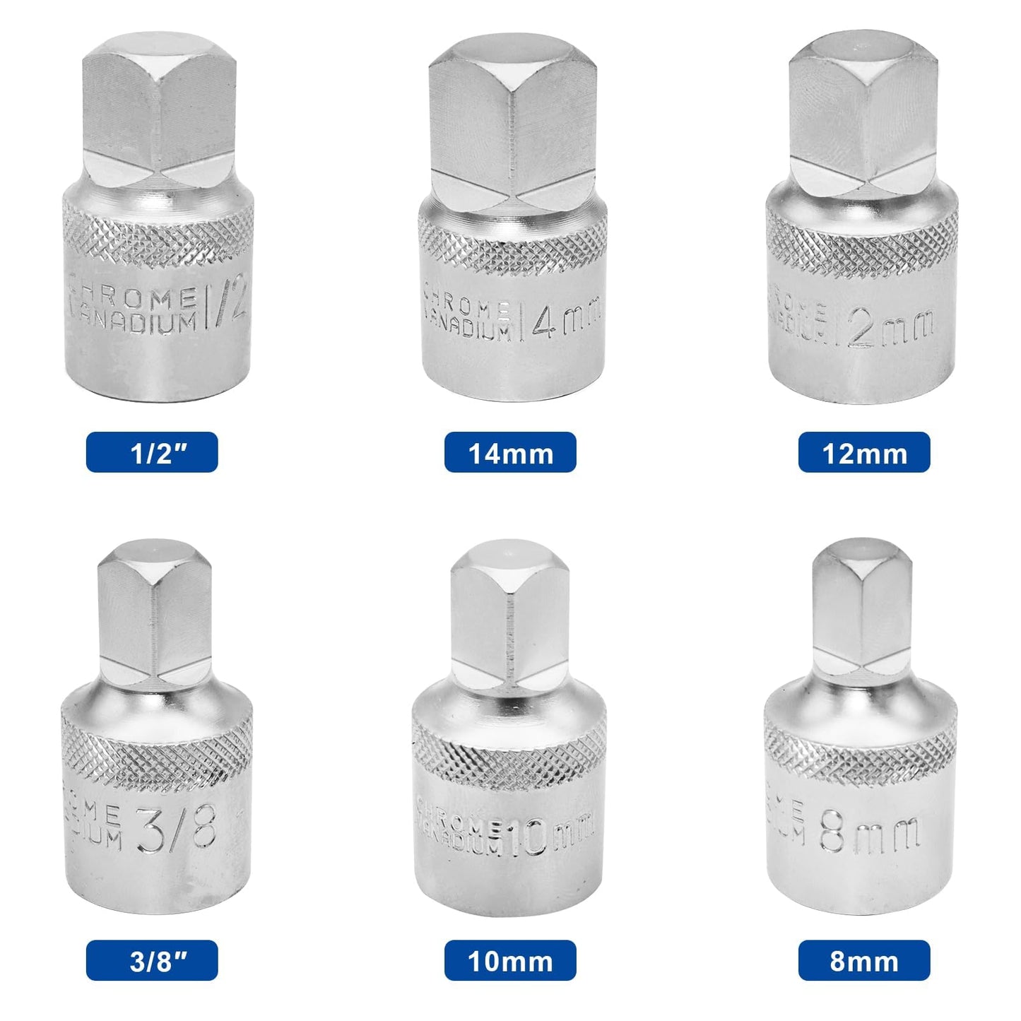 DAKCOS 6 Pcs Drain Plug Key Socket Set, 1/2" Drive Oil Drain Plug Key Axle Oil Sump Spanner Wrench, Metric 8mm/10mm/12mm/14mm,3/8" /1/2", CR-V
