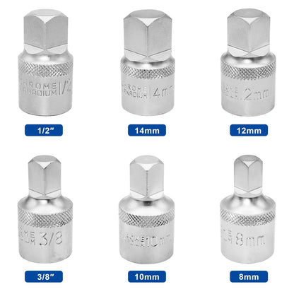 DAKCOS 6 Pcs Drain Plug Key Socket Set, 1/2" Drive Oil Drain Plug Key Axle Oil Sump Spanner Wrench, Metric 8mm/10mm/12mm/14mm,3/8" /1/2", CR-V
