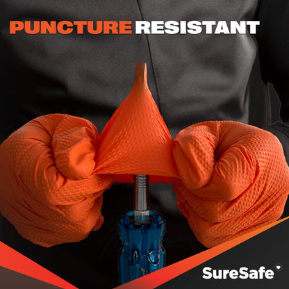 [100 Pack] SURESAFE 8 Mil Nitrile Gloves Large, Orange Mechanic Gloves Disposable Heavy Duty, Powder & Latex Free, Diamond Grip, Fully Textured & Ribbed, For Work, Mechanics, Plumbing, Food Prep