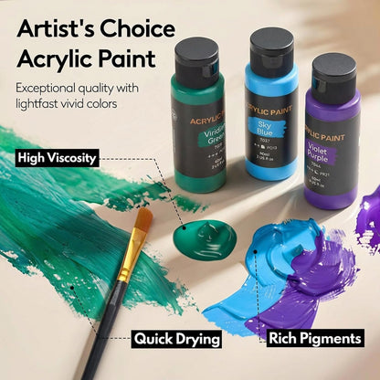 Acrylic Paint Set with 12 Art Brushes, 24 Colors (2 oz/Bottle) Acrylic Paint for Painting Canvas, Wood, Ceramic and Fabric, Paint Set for Beginners, Students and Professional Artist, Rich Pigments