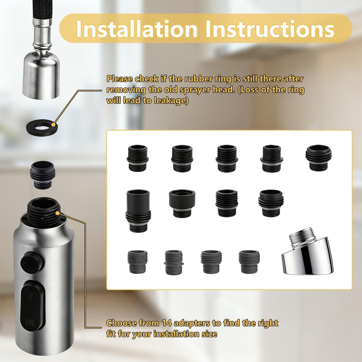 All Metal Kitchen Faucet Head Replacement, 3 Modes Stainless Steel Pull Down Kitchen Sink Sprayer, High Pressure Sink Sprayer Attachment with 14 Adapters Fits Most Common Brands (Brushed Nickel)