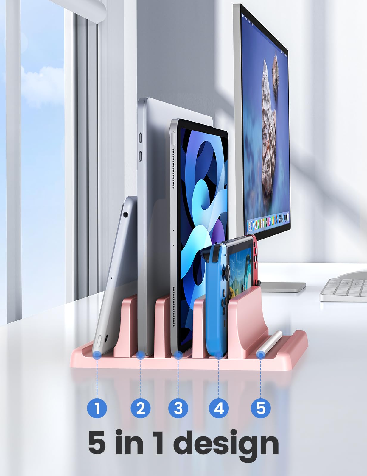 Vaydeer 3-Slot Vertical Laptop Stand Made of Premium ABS Plastics 5 in 1 Design Space-Saving Adjustable Desk Organizer for All MacBook/Chromebook/Surface (Pink)