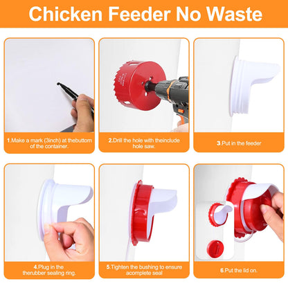 8PC Chicken Feeder & Waterer Combo Set - No Waste Automatic Poultry Feeders with Stopper Caps, 8 Ports & 8 Cups, Rodent-Proof Chick Waterer for Buckets, Chicken Coop Accessories,DIY Chicken Feeder