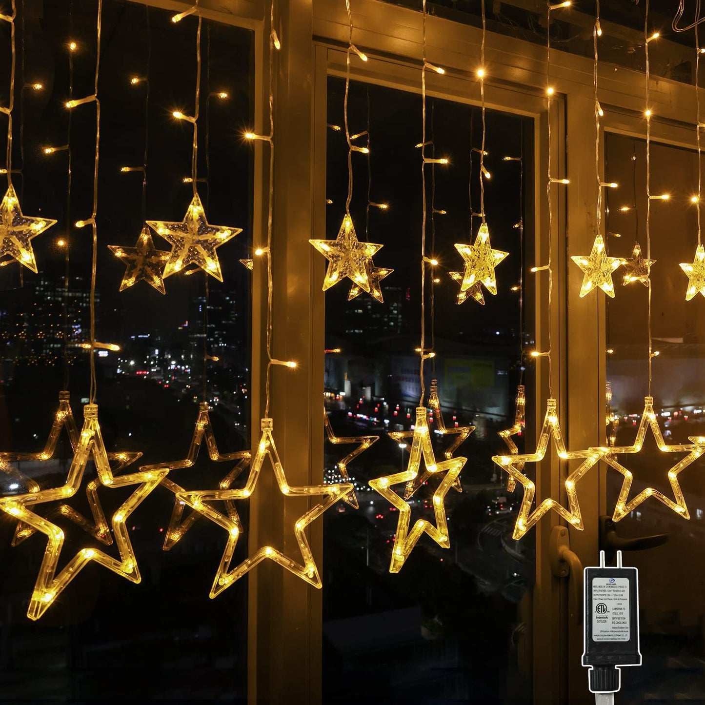 12 Stars 138 LED Curtain Lights, Christmas Outdoor Decor Window Curtain String Lights with 8 Flashing Modes Ramadan Decoration for Christmas, Wedding, Party, Home Bedroom Decorations (Warm White)
