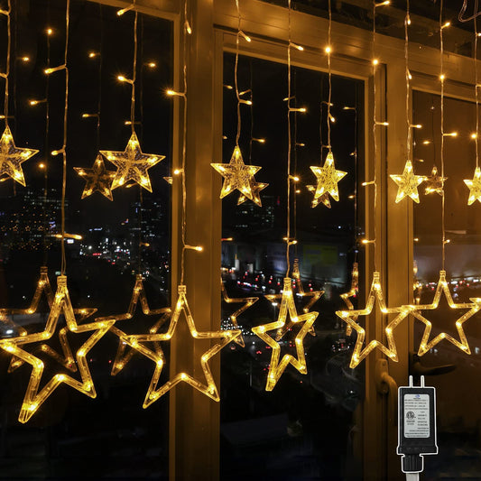 12 Stars 138 LED Curtain Lights, Christmas Outdoor Decor Window Curtain String Lights with 8 Flashing Modes Ramadan Decoration for Christmas, Wedding, Party, Home Bedroom Decorations (Warm White)