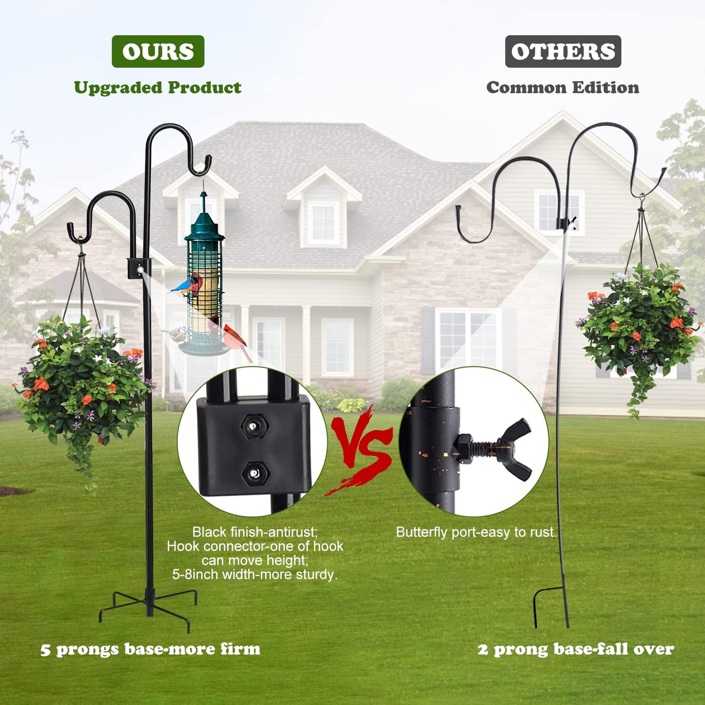 Shepherds Hook 76 Inches Double Sided Hook for Bird Feeder Heavy Duty Adjustable Outdoor Shepherd Hooks with 5-Prong Base for Lanterns Planting Hanger Weddings Wind Chimes