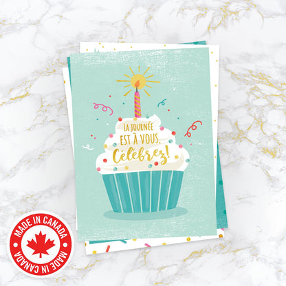 Colorful Happy Birthday Card Assortment / 24 Folded Anniversaire Greeting Cards With White Envelopes / 4 5/8" x 6 1/4" French Canadian Notecards / 4 Unique Designs/Made In Canada