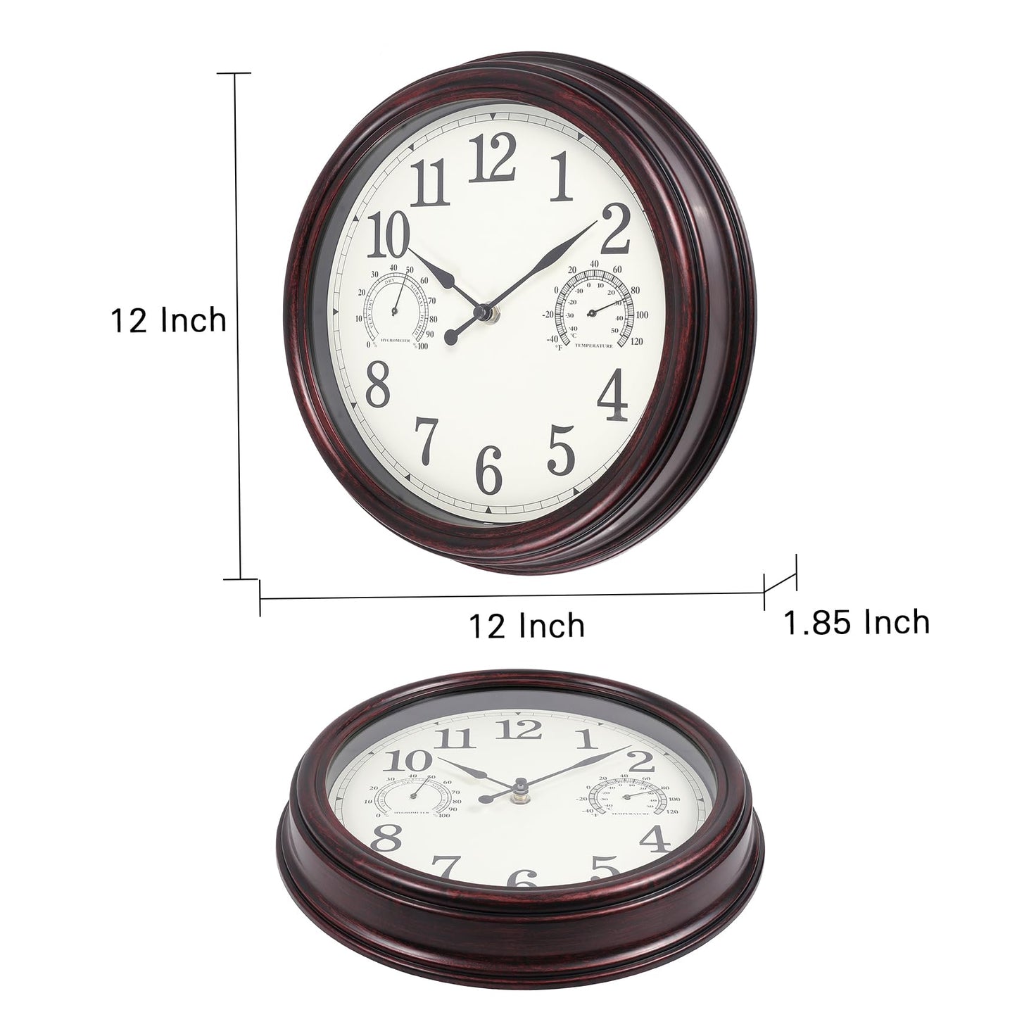 Vigorwise 12 inch Outdoor Wall Clock, Plastic Waterproof Wall Clock with Temperature & Humidity, Water Resistant Wall Clock, Silent Wall Clock for Patio Garden Bathroom, Dark Brown