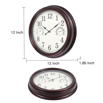 Vigorwise 12 inch Outdoor Wall Clock, Plastic Waterproof Wall Clock with Temperature & Humidity, Water Resistant Wall Clock, Silent Wall Clock for Patio Garden Bathroom, Dark Brown