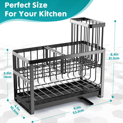 Sinnsally Kitchen Sponge Holder,2 Tier Sink Caddy Organizer with High Brush Holder,Stainless Steel Sink Box Dish Scrubber Holder,Soap Tray for Kitchen Counter Accessories & Storage Rack (Black)