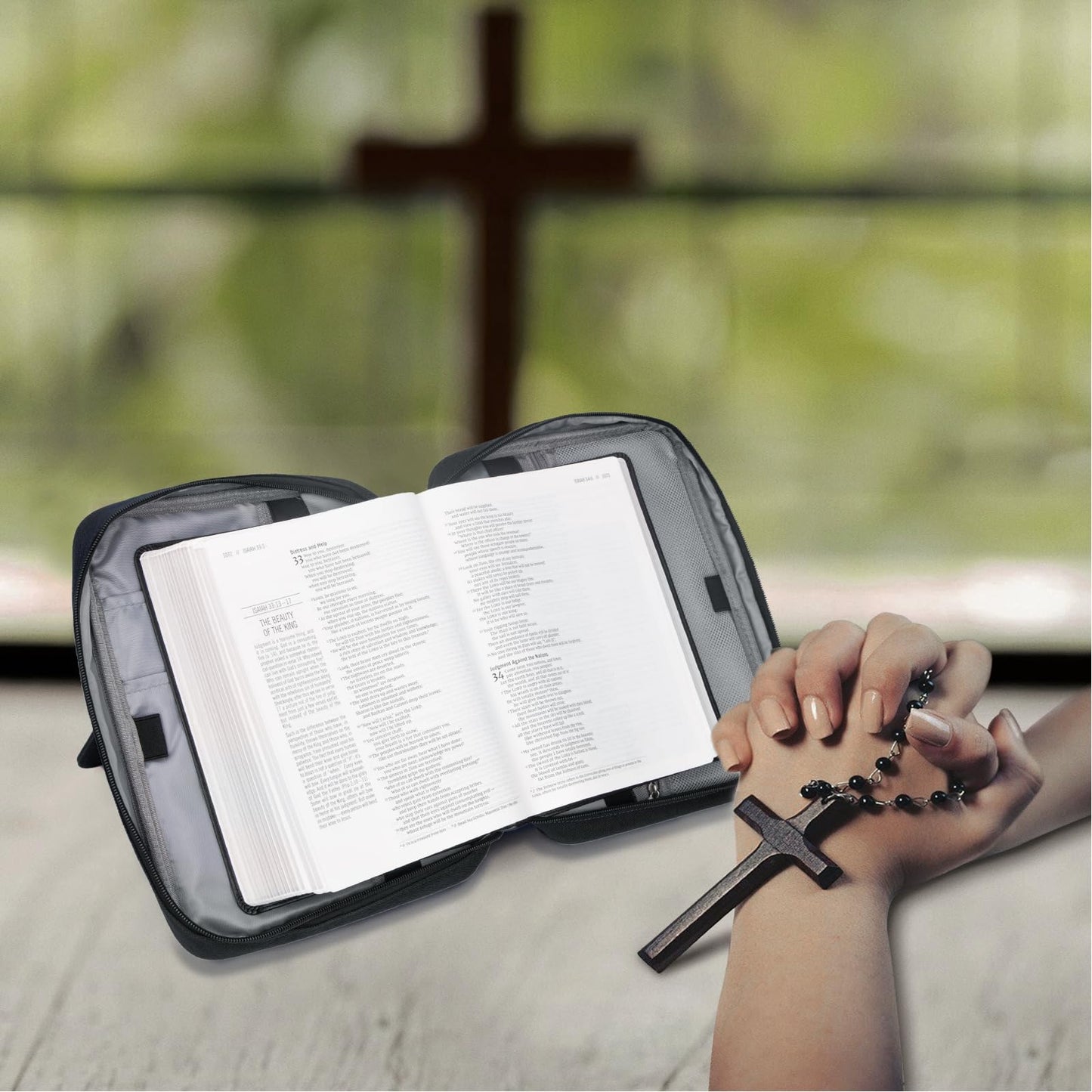 Bible Covers for Men & Women, Bible Case Carrying Church Bag with Book Stand, Bible Bag with Handle, Zipper and Multi-Pockets for Scripture Study Bible Protector (Black)