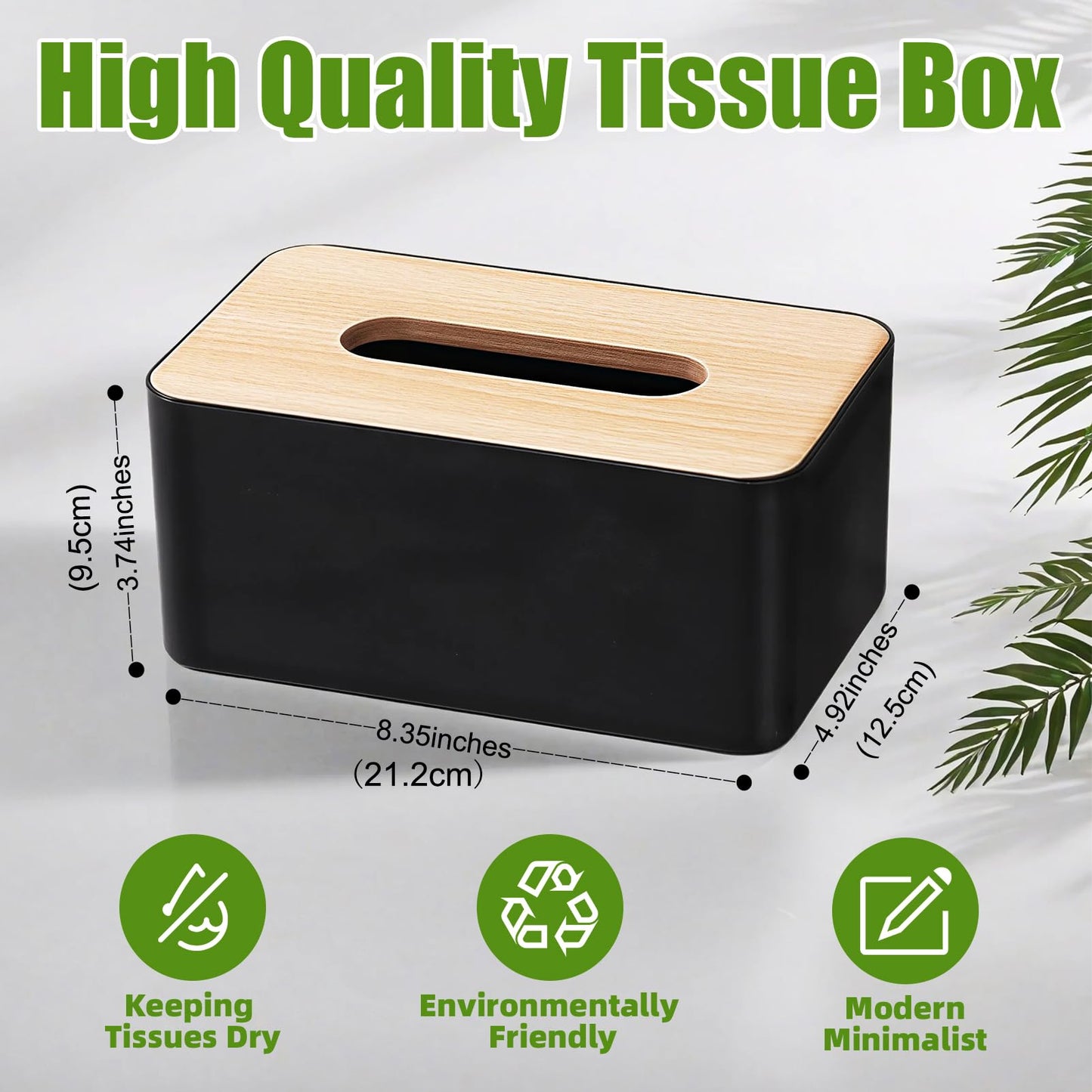Bamboo Tissue Box Cover - 2 Pack Versatile Tissue Box Holder for Bathroom,Home,Office & Car - Space-Saving Design for Any Surface, Black