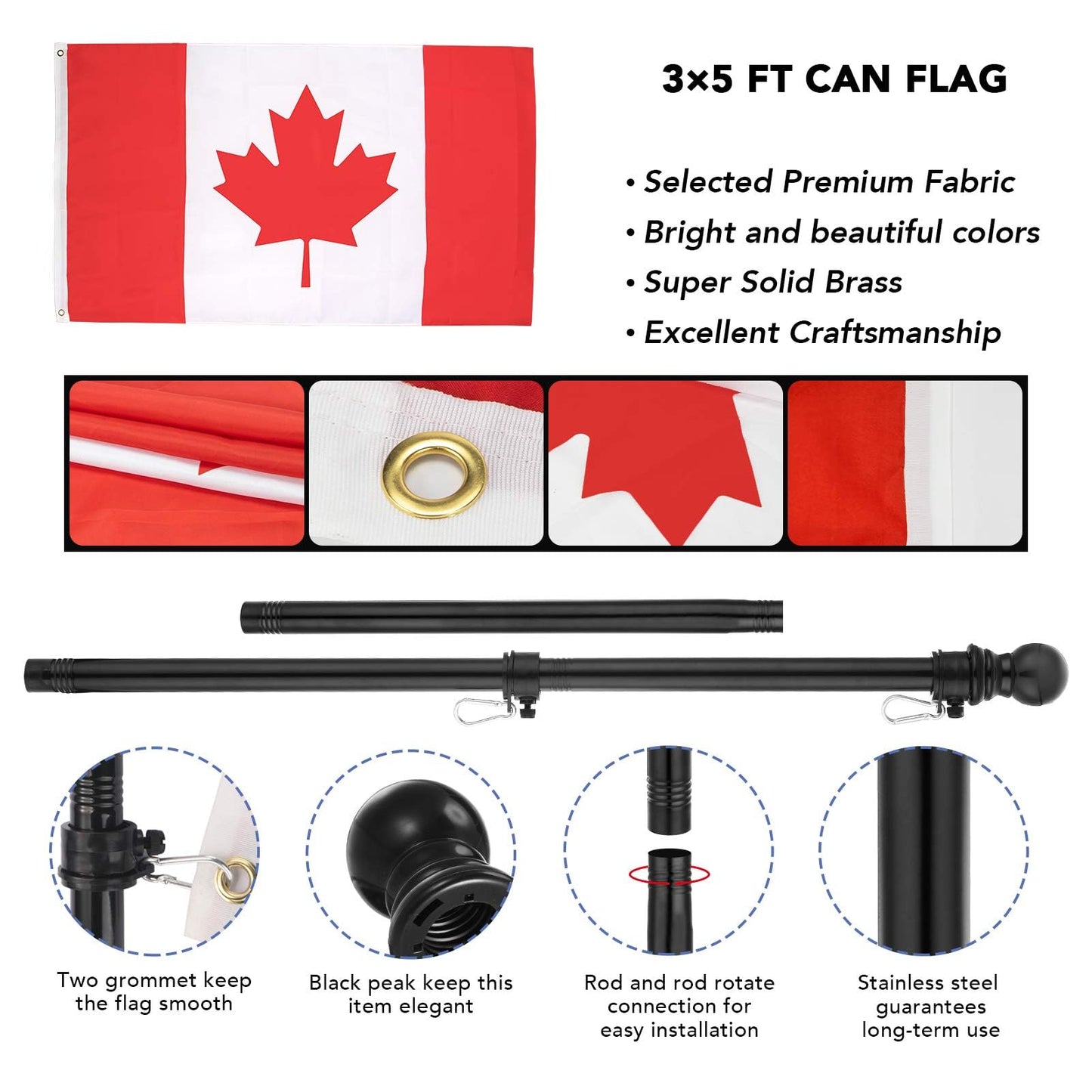 Yeesun Flag Pole,6FT Canada Flagpole with Mounting Bracket and 3’ x 5’ Canada Flag for House Porch & Outdoor Use,360° Tangle Resistant Technology and Wall Mount Flag Pole Kit (Black)