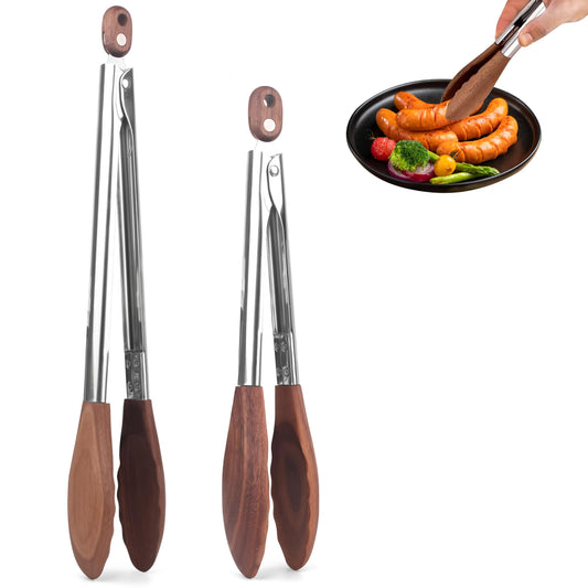 Wooden Tongs for Cooking, 2-Piece 10 & 13 Inch Kitchen Tongs Set with Locking Mechanism, Stainless Steel with Walnut Wood Tips for BBQ, Salad, Serving Utensils — Essential Kitchen & Home Gadget Set