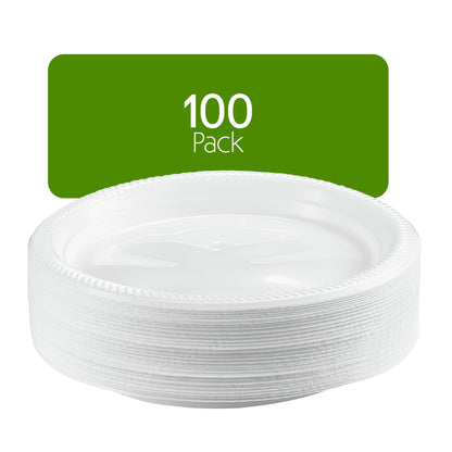 PLASTICPRO 100 PCS White Plastic Round 9 Inch Plastic plates Premium Quality Light Weight Disposable Dishes Dinner Plates for Parties Weddings