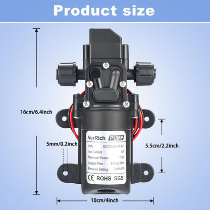 VerRich 12V Water Pump 70W 6A Diaphragm Pump Intelligent Self Priming Sprayer Pump 6 L/Min 0.9MPA 131 PSI for RV Camper Marine Boat Garden