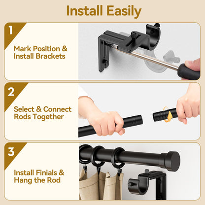 YaFex Curtain Rod 32-84 Inch, Heavy Duty 1 Inch Adjustable Curtain Pole, Black Long Curtains Rods for Window, Modern Design, Easy Installation