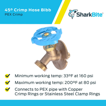 Sharkbite 1/2 x 3/4 Inch MHT Brass Crimp 45 Degree Hose Bibb, PEX Pipe, PE-RT, UC24632Z