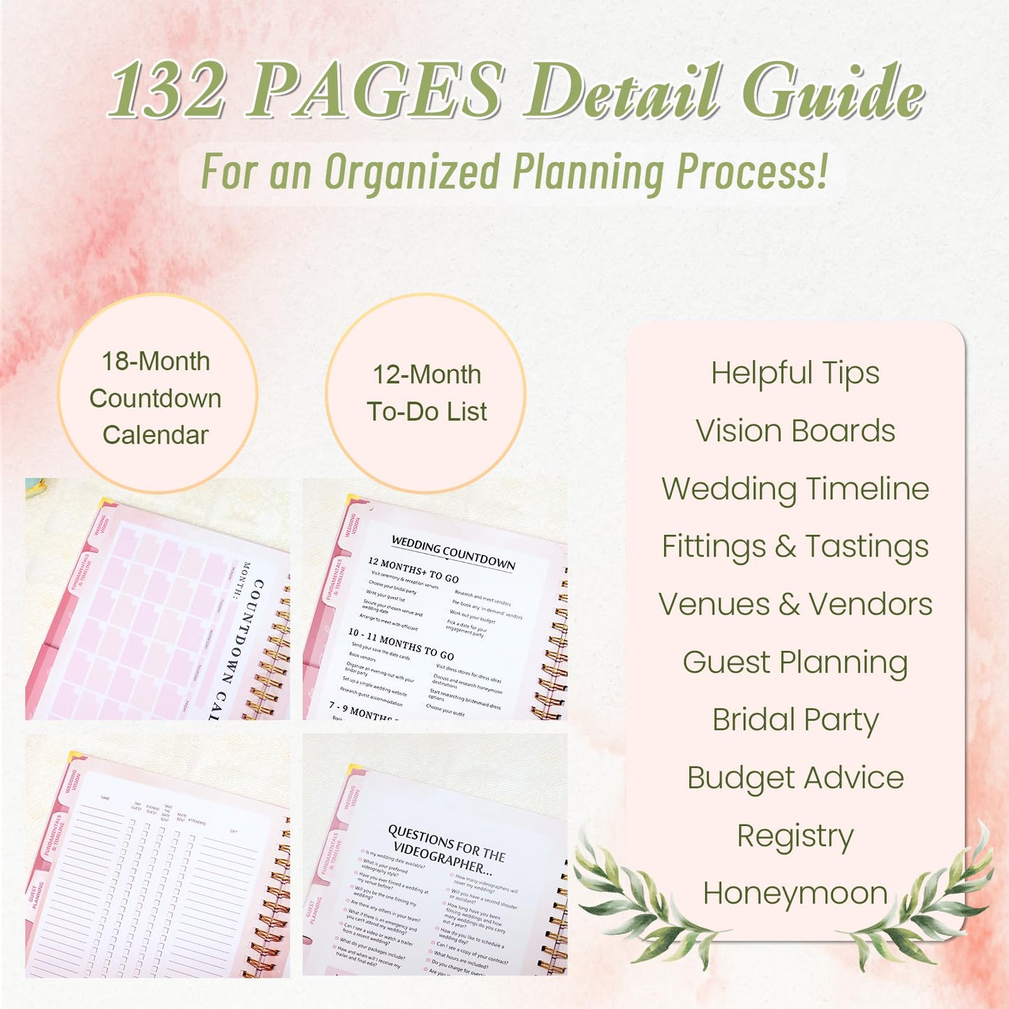 Wedding Planner For Bride-A4 Bridal Wedding Planning binder With 5 Tabbed Sections+Wedding Countdown Calendar,Unique Engagement Gifts For Couples,Pink Love