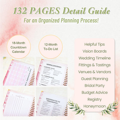 Wedding Planner For Bride-A4 Bridal Wedding Planning binder With 5 Tabbed Sections+Wedding Countdown Calendar,Unique Engagement Gifts For Couples,Pink Love