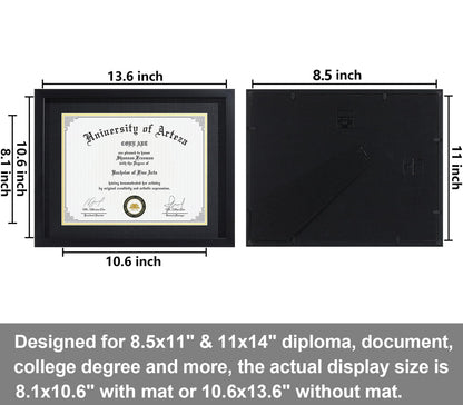 CORE ART 11x14 Diploma Frame Display Certificates 8.5 x 11 with Mat or 11 x 14 without Mat, College Degree Frame with Real Glass, Wall and Tabletop Display(Black)