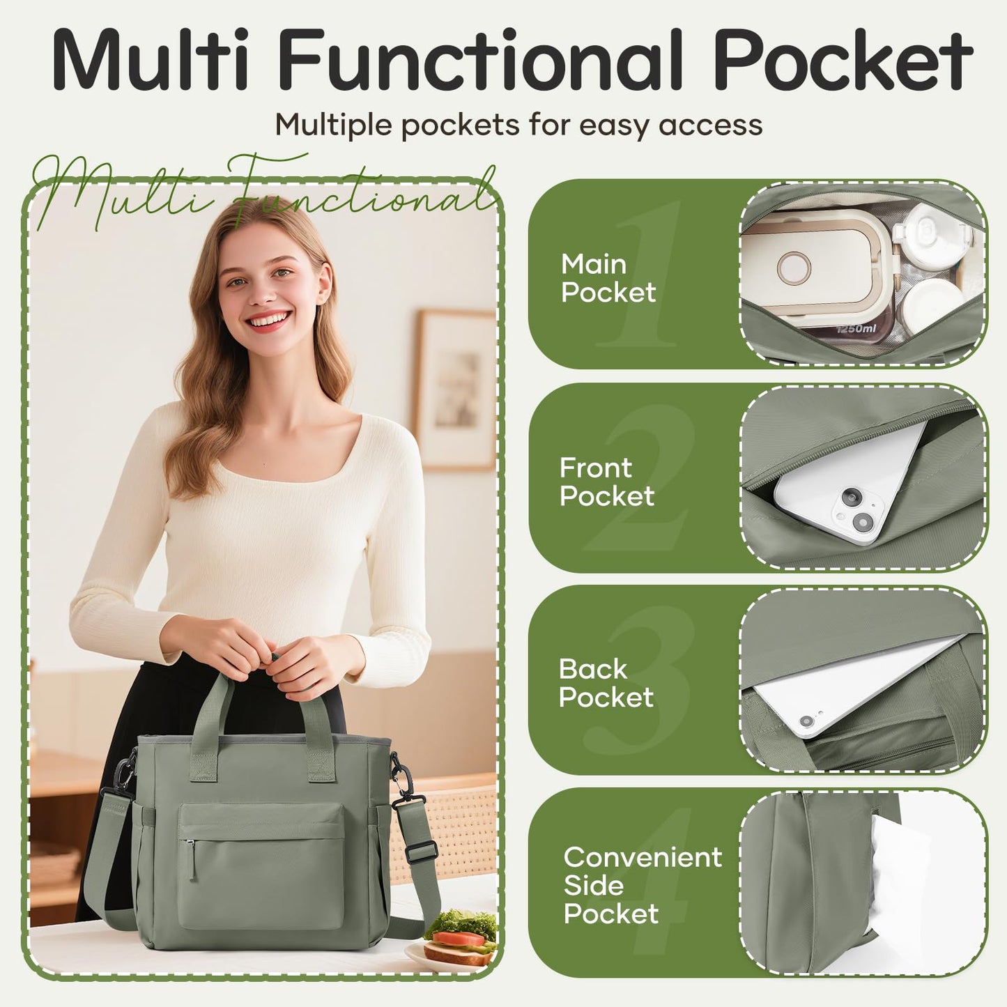 Lunch Bag Insulated Lunch Box Leakproof Lunch Tote Bags for Women Men,Portable Thermal Cooler Bag Lunch Containers with Shoulder Strap for Work, Family, Picnic, School, Outdoor,BBQ C5-Greygreen