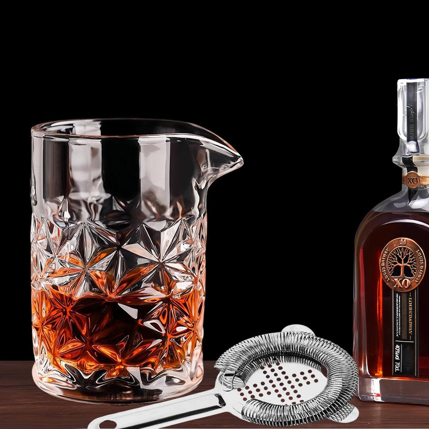 Carfeel 2 Piece Crystal Cocktail Mixing Glass Set with Hawthorne Strainer, Old Fashioned Mixing Glass