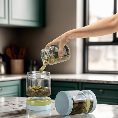 WhiteRhino Glass Pickle Container with Strainer,Olive Hourglass Jar,Pickle Jar Upside Down Kimchi for Jalapenos,Leakproof Airtight Lids and Refrigerator Dishwasher Safe (Blue/34oz)
