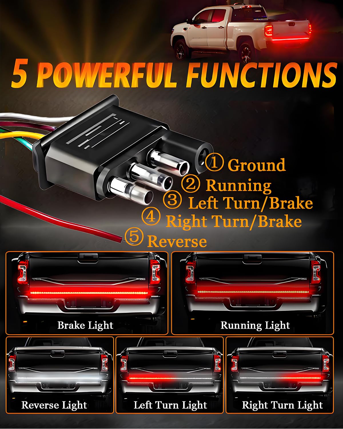 48/49inch LED Truck Tailgate Light Strip 1.2M 5 Function Red/White for Tail Running Brake Light Turn Signal Emergency Warning Reverse Light for Pickup SUV Trailer Cargo