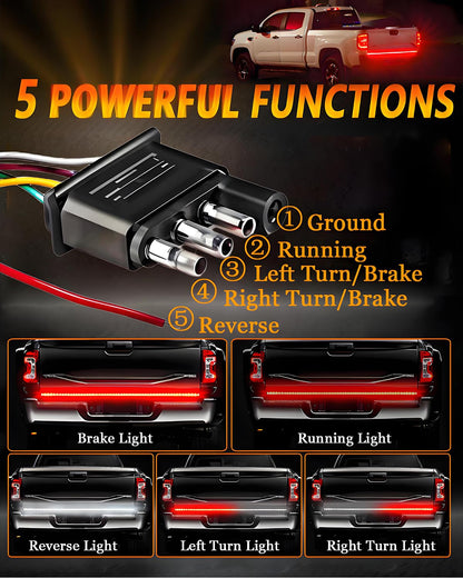 48/49inch LED Truck Tailgate Light Strip 1.2M 5 Function Red/White for Tail Running Brake Light Turn Signal Emergency Warning Reverse Light for Pickup SUV Trailer Cargo