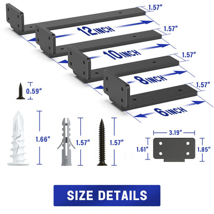 Goovilla Shelf Bracket, Heavy Duty Floating Shelf Brackets 8 inch Long, 4 Pack Brackets for Shelves, Black Coated Metal Wall Shelf Support Brackets with 1/5 Inch Thick and 160 lb. Load Capacity