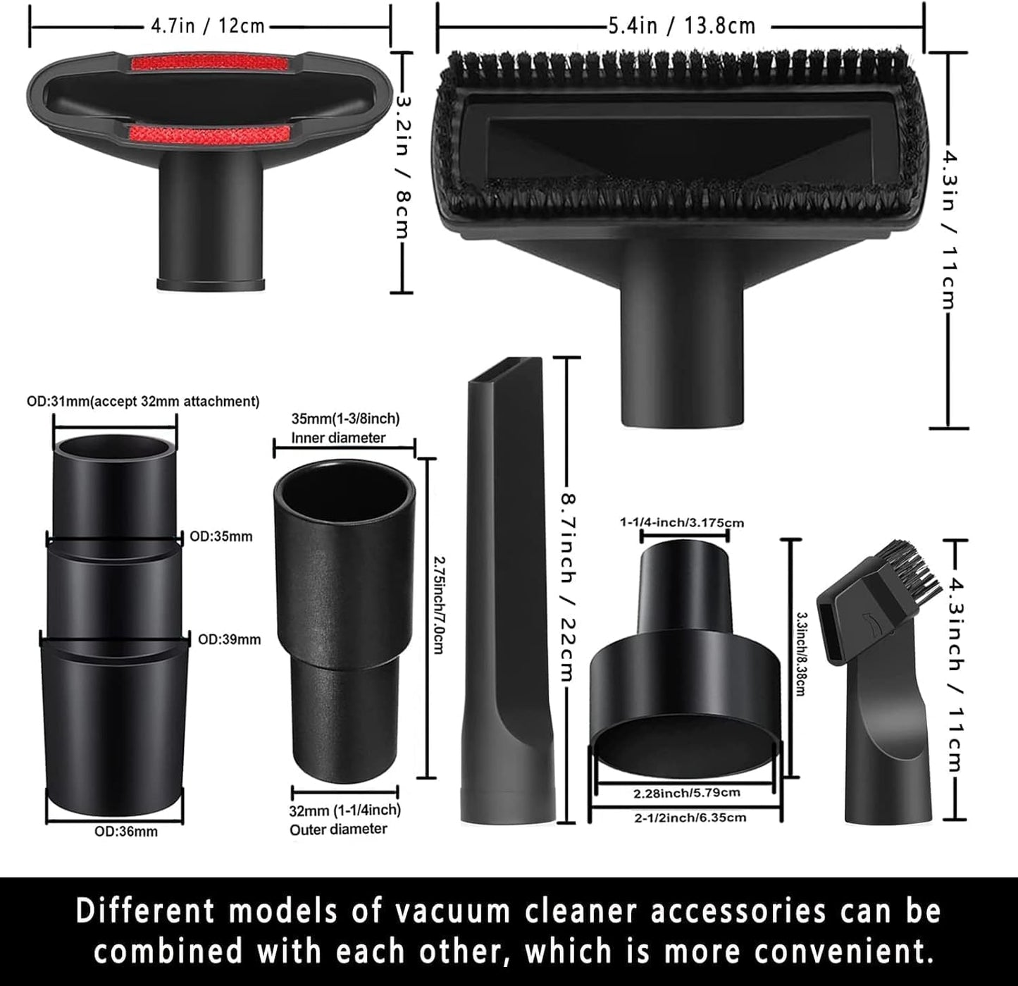 10PCS Universal Vacuum Attachments Kit Wet Dry Plastic Vacuum Hose Adapter 1-1/4" Vacuum Cleaners Accessories with Horse Hair Brush Flexible Crevice Tool Adapter for Shop Vac Accessories (10pcs)