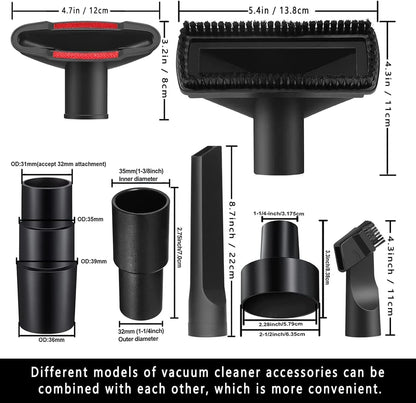 10PCS Universal Vacuum Attachments Kit Wet Dry Plastic Vacuum Hose Adapter 1-1/4" Vacuum Cleaners Accessories with Horse Hair Brush Flexible Crevice Tool Adapter for Shop Vac Accessories (10pcs)
