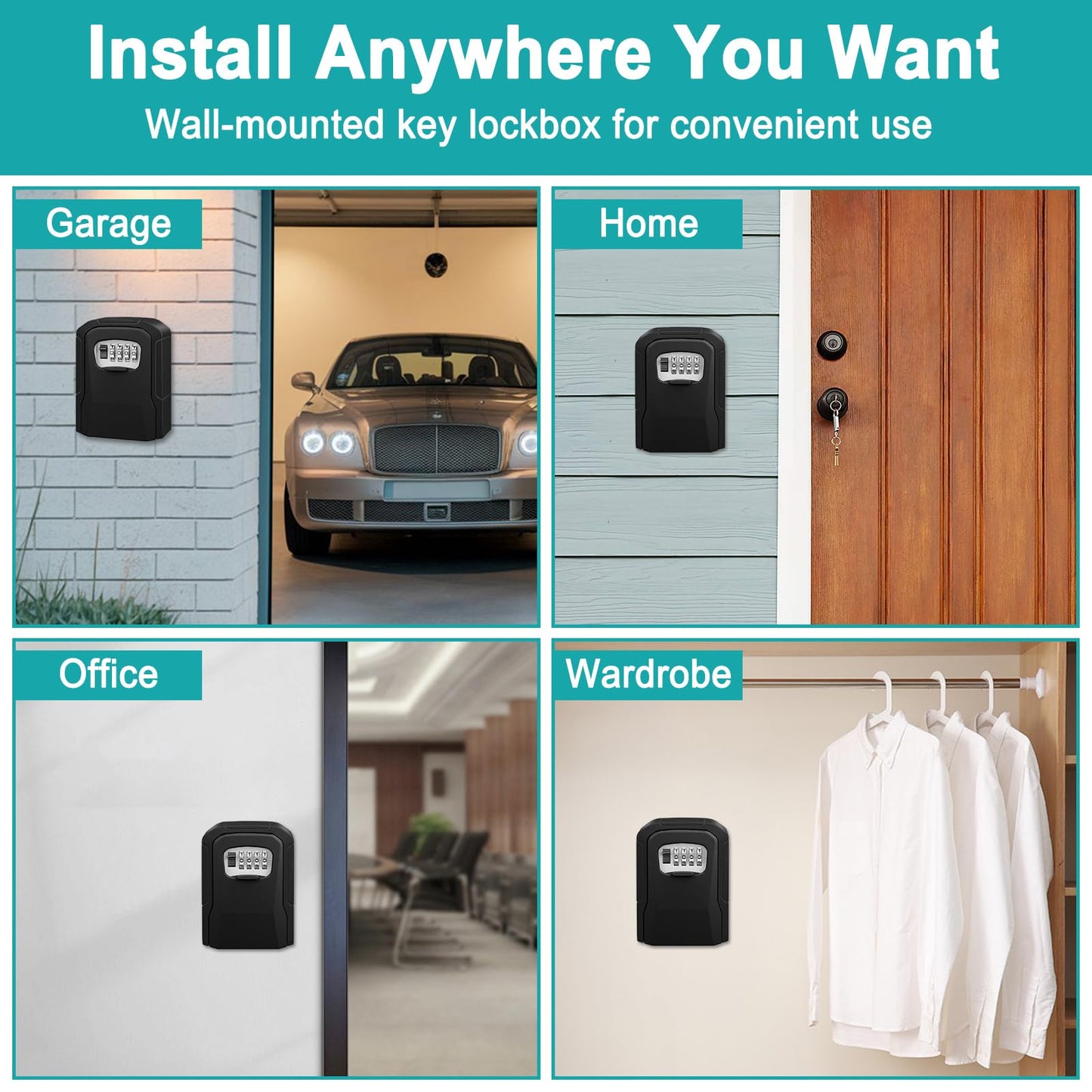 TEUEN Key Lock Box, Wall Mount Lock Box for Keys with Code Resettable Combination Code Lockbox Security Safe Box for Outside Outdoor Home Office Apartment Realtors Spare Keys Storage