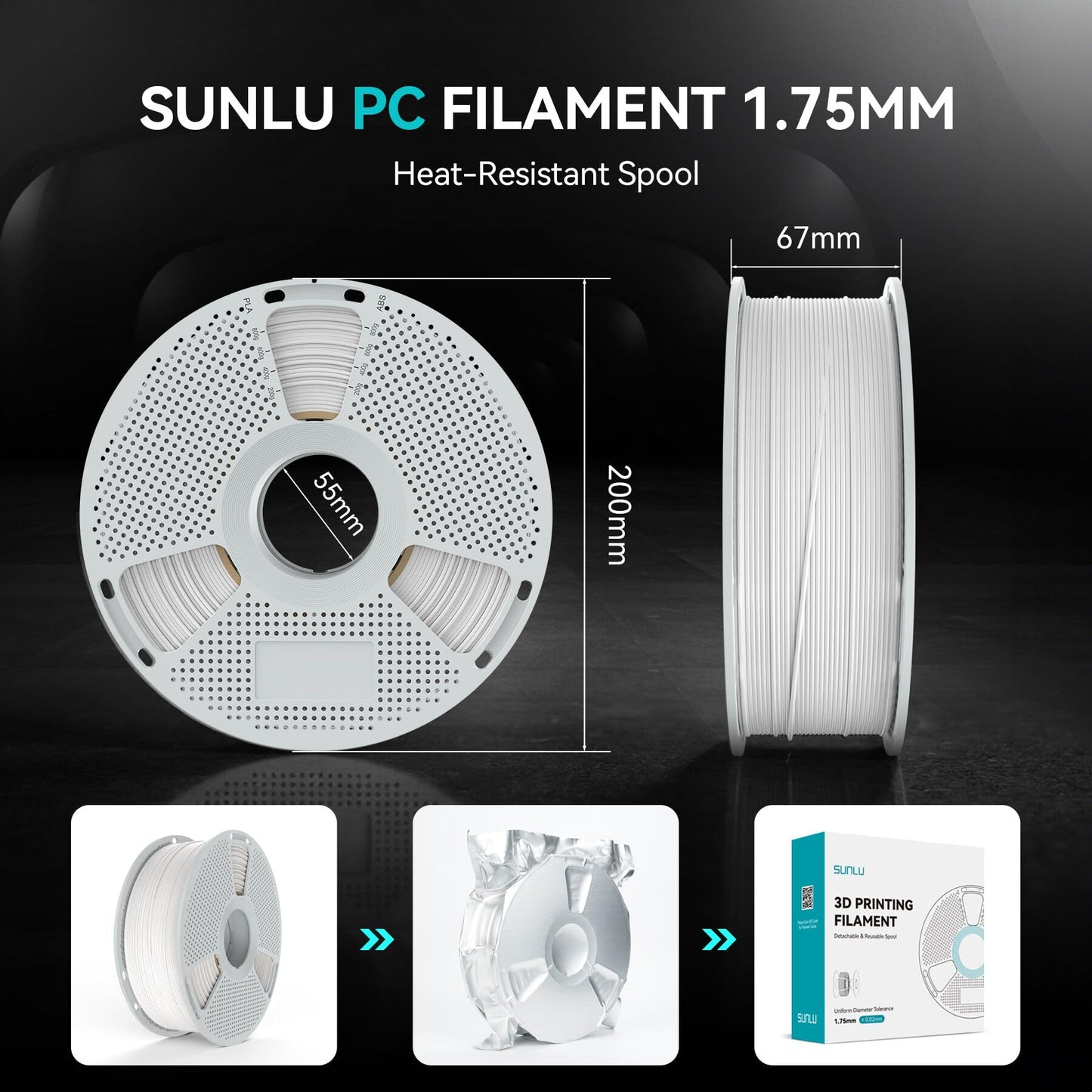SUNLU PC Filament 1KG, 1.75mm Polycarbonate 3D Printer Filament, High Temperature Reusable Spool, Impact Resistance & Tough, Natural White