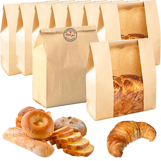 100 Pcs Bread Paper Bags for Homemade Bread Sourdough Bread Bags with Window Kraft Paper Bakery Bags for Loaf, Sourdough, Cookie, Pastry with Label Seal Stickers