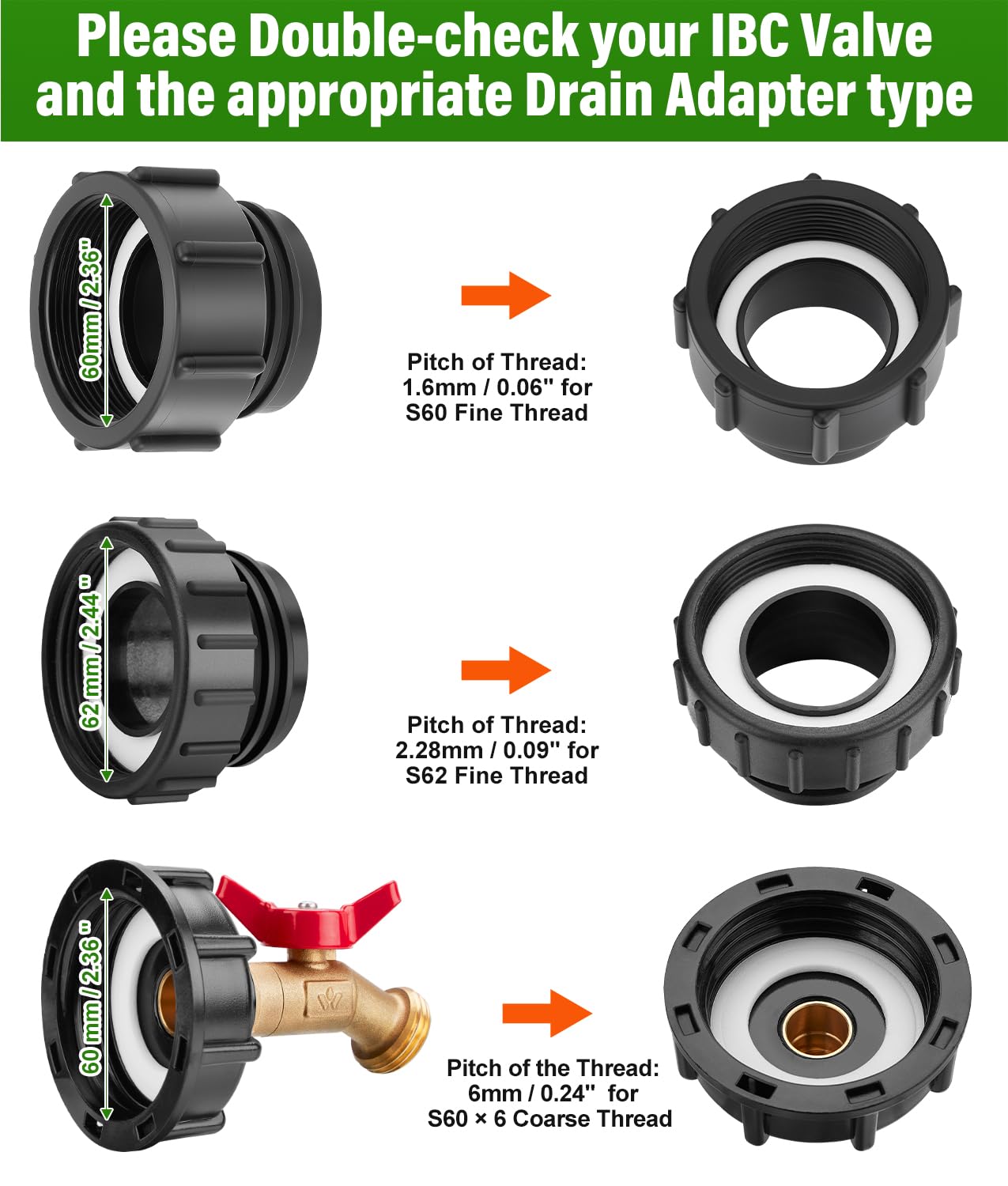 WADEO IBC Tote Adapter, IBC Tote Fittings 1/2" Male NPT Inlet 3/4" GHT Male Garden Hose Quick Connector Outlet Brass Ball Valve Faucet with 60 62mm Female Fine Thread with for Garden Hose Connector