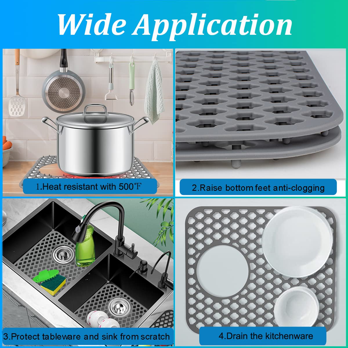 Wonninek Silicone Kitchen Sink Mat, 2 PCS Kitchen Sink Protector Grid Accessory with Rear Drain, Non-Slip Heat Resistant Sink Mats for Bottom of Farmhouse Stainless Steel Sink (Grey 13.6''x11.6'')