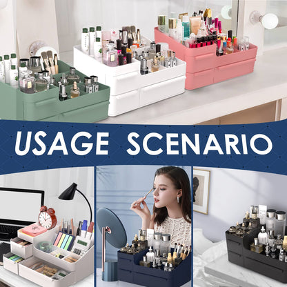 Black Plastic Vanity Makeup Organizer, 6-Compartment Holder for Brushes, Eyeshadow Palettes, & Beauty Supplies, Easy to use with drawer organizer tray