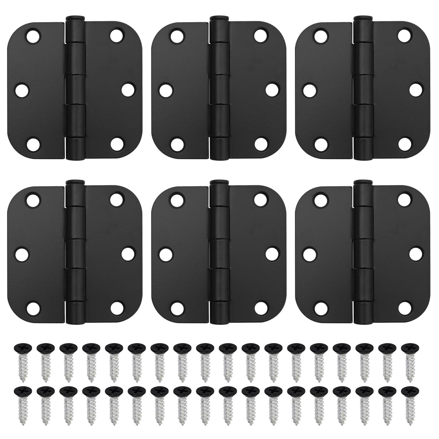 DUZFOREI 6 Pack 3 Inch x 3 Inch Door Hinges, 5/8" Radius Heavy Duty Matte Black Round Door Hinges for Interior 3 Inch Round Modern Hardware