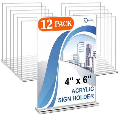 Daofary Acrylic Sign Holder 4 x 6, 12 Pack Double Sided Clear Display Stand Table Top Sign Holder, Paper Display Stand for Menu, Stores, Office, Restaurants