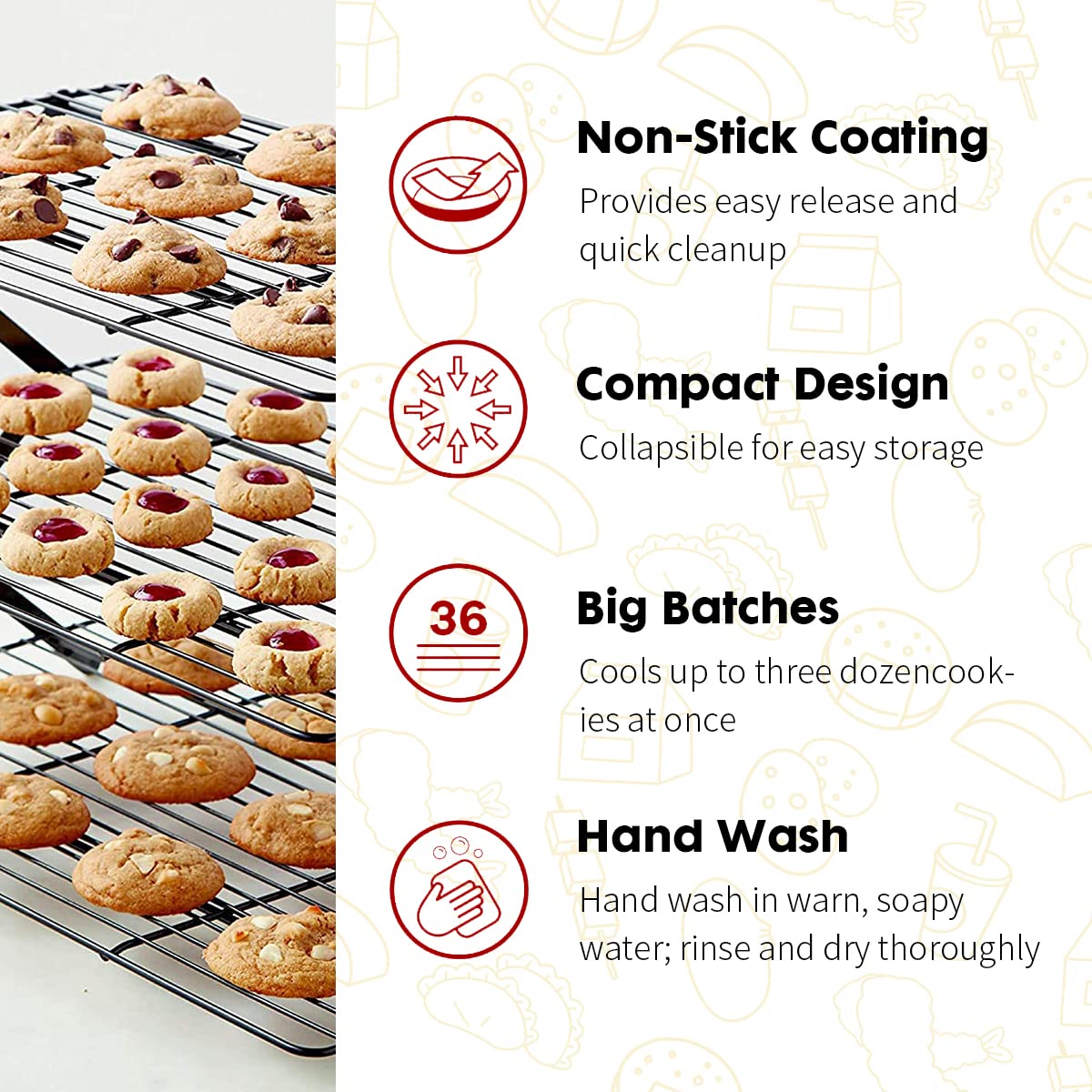 PowerKing 3 Tier Cooling Rack, Foldable Non-Stick Stainless Steel Wire Cake Rack for Pies, Cookies, Pastries, Home Baking, Birthday Party, Wedding Party 15.7'' x 10'' (Black 3 Tier)