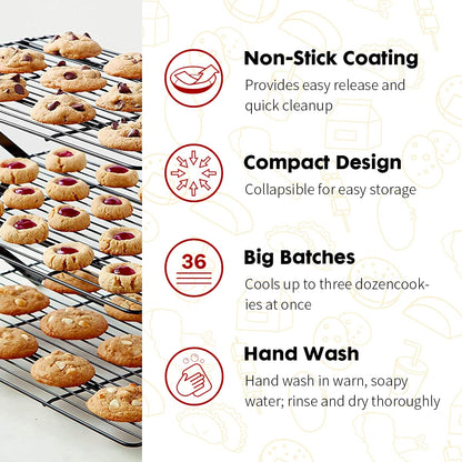 PowerKing 3 Tier Cooling Rack, Foldable Non-Stick Stainless Steel Wire Cake Rack for Pies, Cookies, Pastries, Home Baking, Birthday Party, Wedding Party 15.7'' x 10'' (Black 3 Tier)
