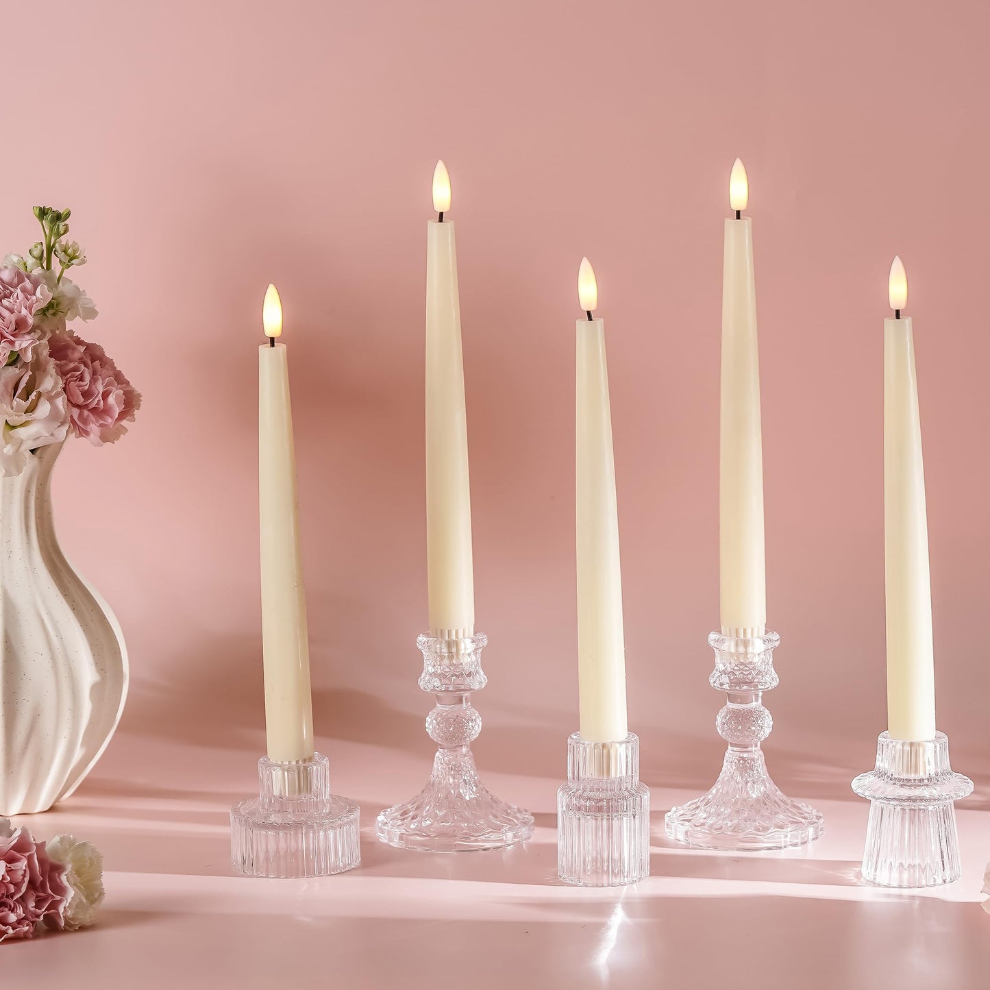 Stmarry Ivory Flameless Taper Candles with Remote and Timer, 9.65 Inch Real Wax LED Candlesticks, Battery Operated Tall Taper Candles with 3D Flickering Flame, Christmas Home Wedding Decor, 3 Pack
