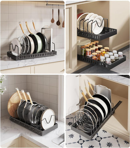 Pull Out Pots and Pans Organizer Under Cabinet - Sliding Lid Holder & Pan Rack with 8 Adjustable Dividers, Easy Access Kitchen Storage for Lids, Bakeware, Dishes (Tool-Free Installation)