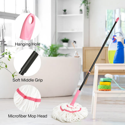 XXFLOWER Self-Wringing Mop, 57-inch, Heavy Duty Microfiber Mop for Floor Cleaning, Wet and Dry Use, Suitable for Hardwood Floors, Kitchens, Bathrooms, Tiles, Commercial and Home Cleaning (Pink)