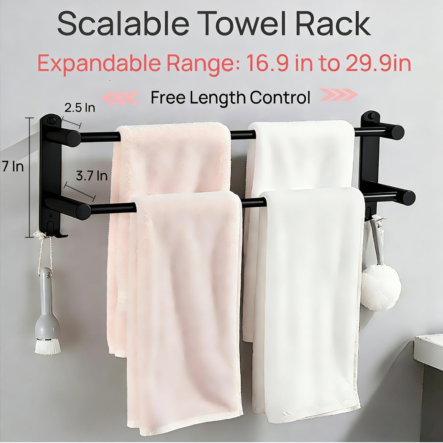 MEKENSO SUS304 Dual Bar Adjustable Towel Bar, Expandable Space Saving Towel Rack, Bathroom Towel Holder with Double Hook 16.9 to 29.9 Inch, No Drill/Screw Installation.（Black）